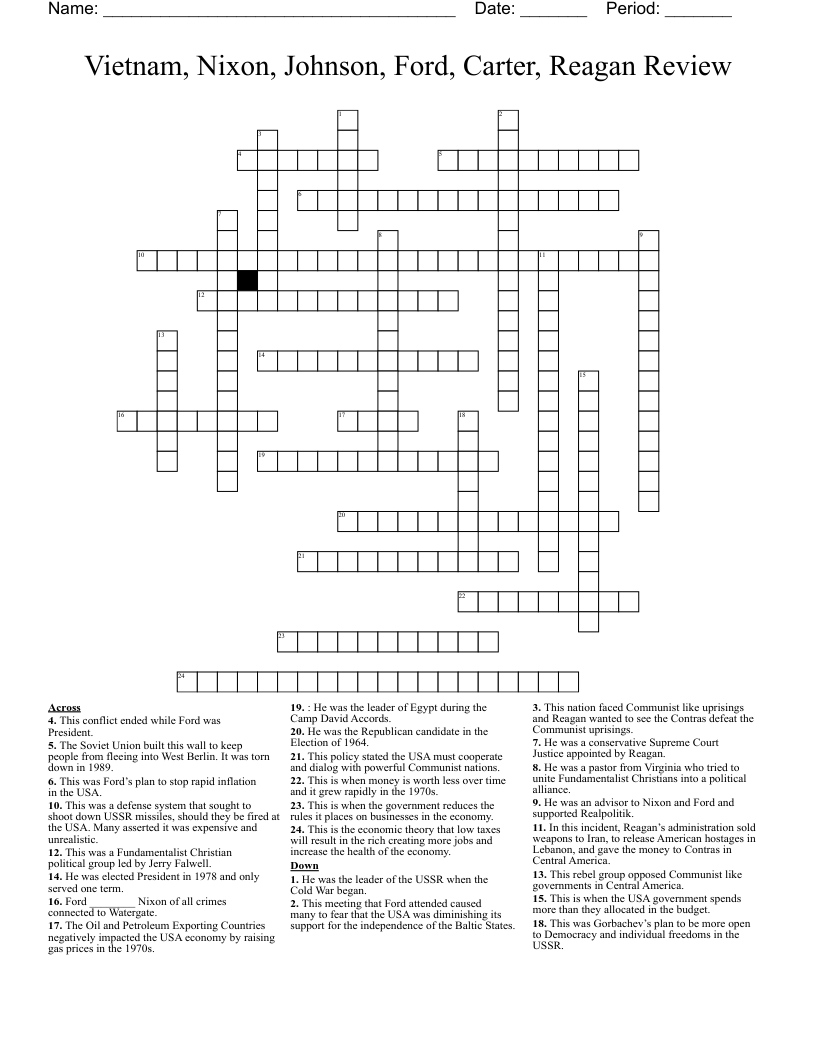 Vietnam, Nixon, Johnson, Ford, Carter, Reagan Review Crossword