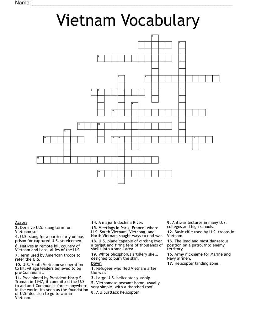 Vietnam Vocabulary Crossword