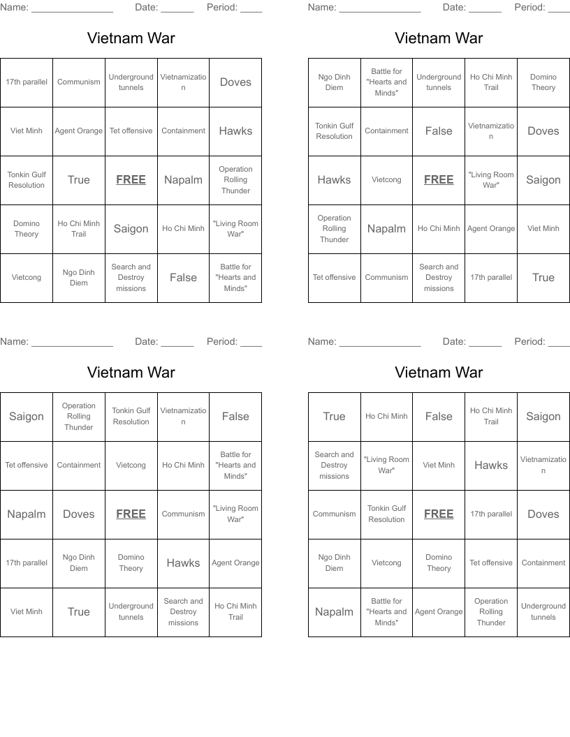 Vietnam War Bingo Cards