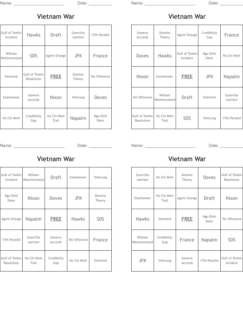Vietnam War Bingo Cards