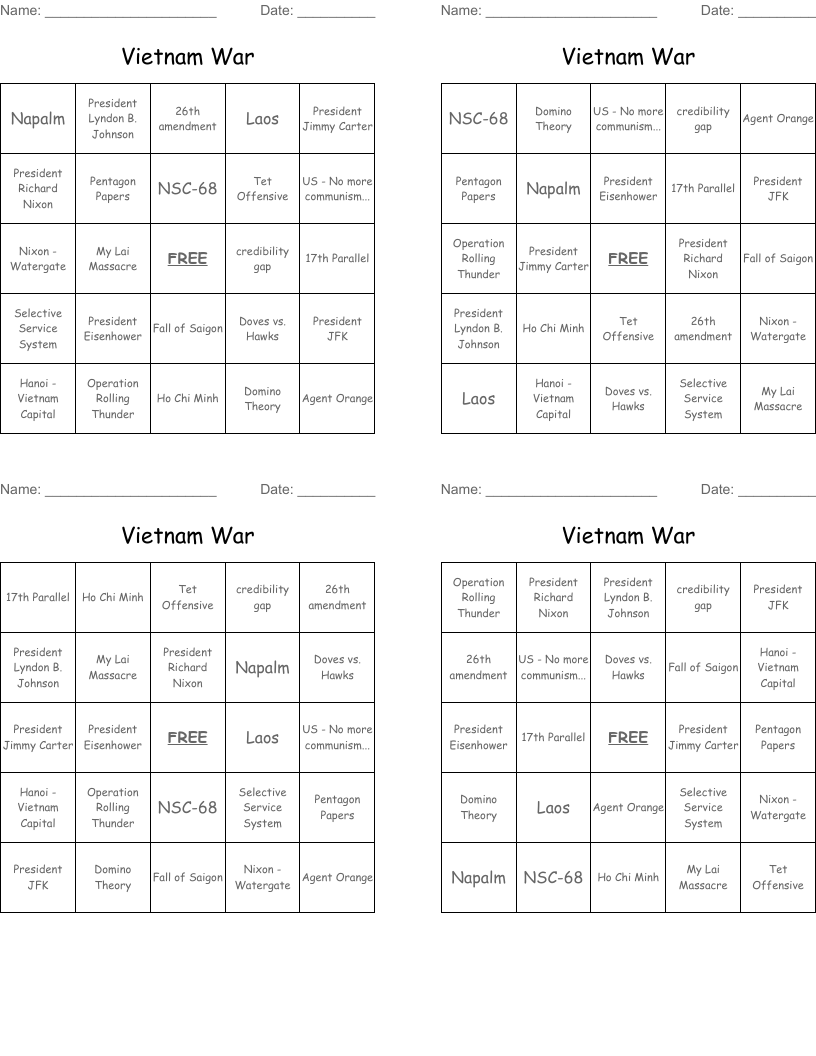 Vietnam War Bingo Cards