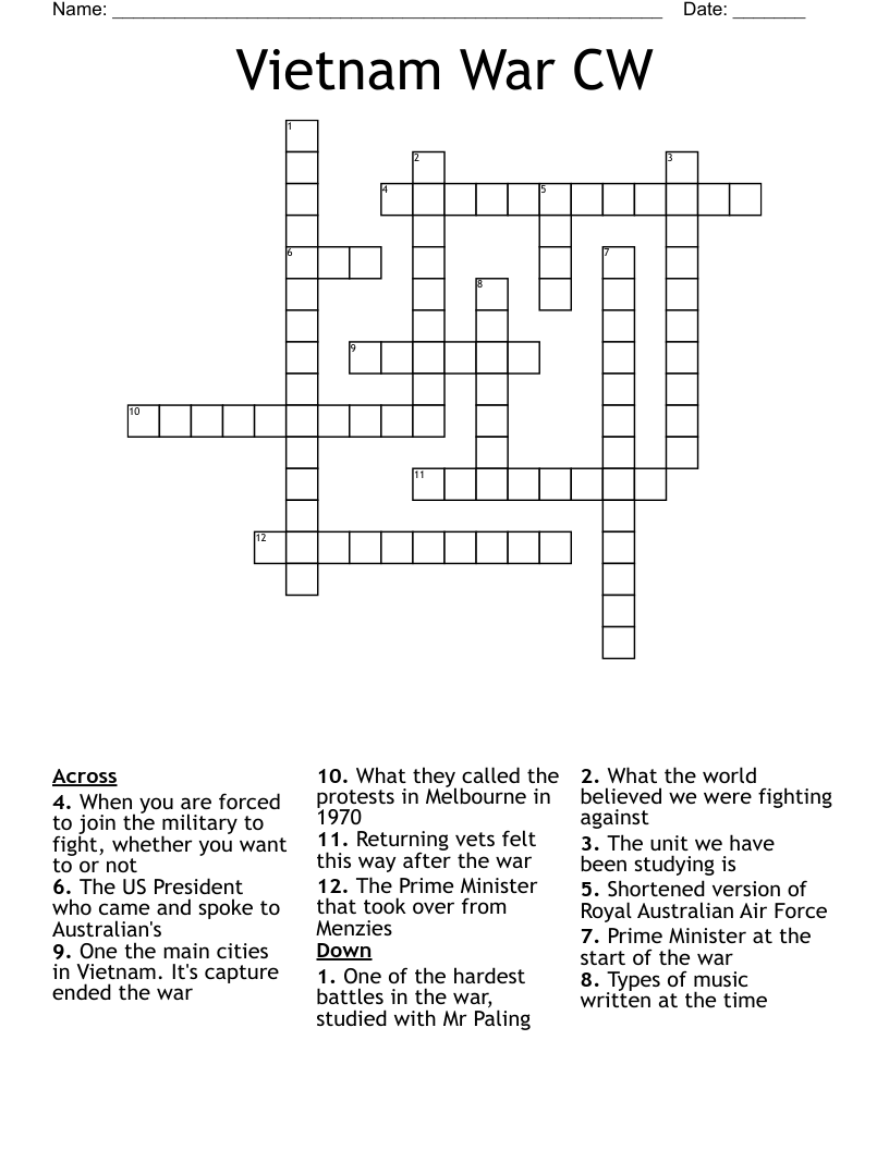 Vietnam War CW Crossword