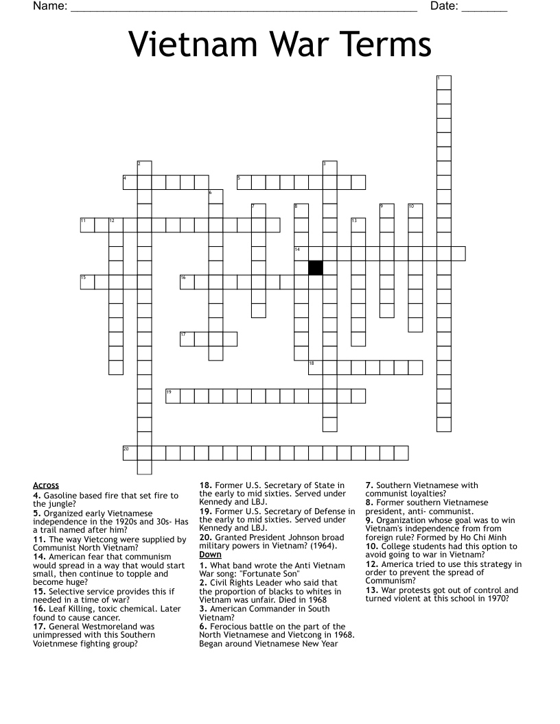 Vietnam War Terms Crossword