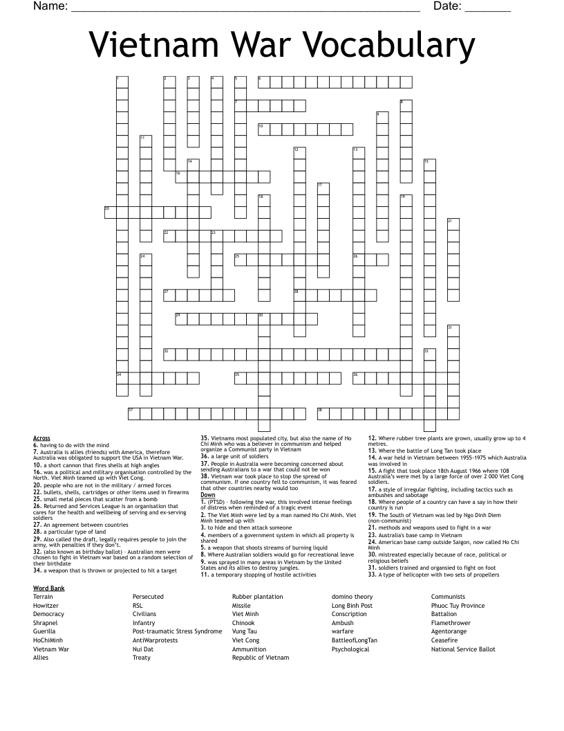 Vietnam War Vocabulary Crossword