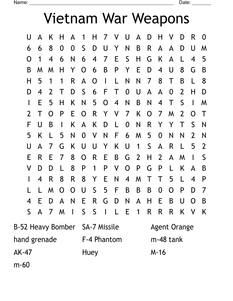 Vietnam War Weapons Word Search