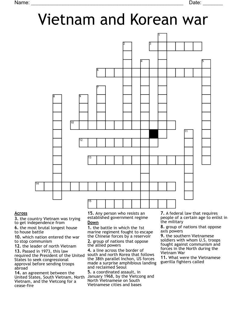 Vietnam and Korean war Crossword