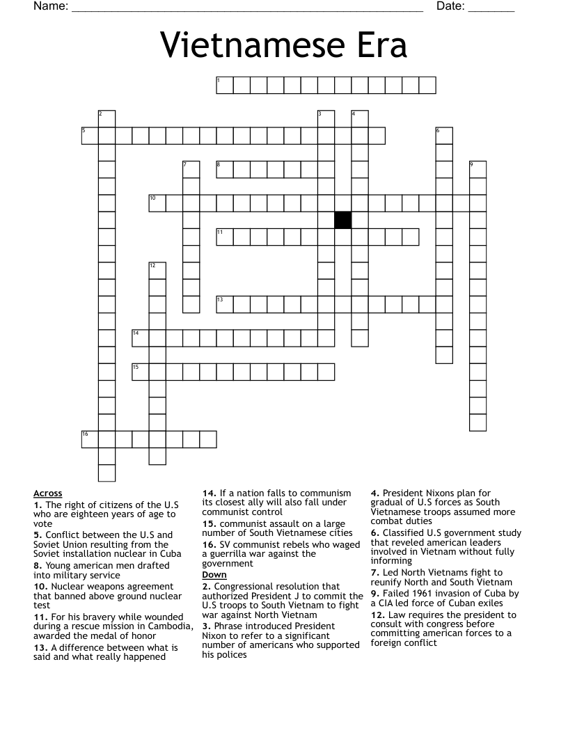 Vietnamese Era Crossword