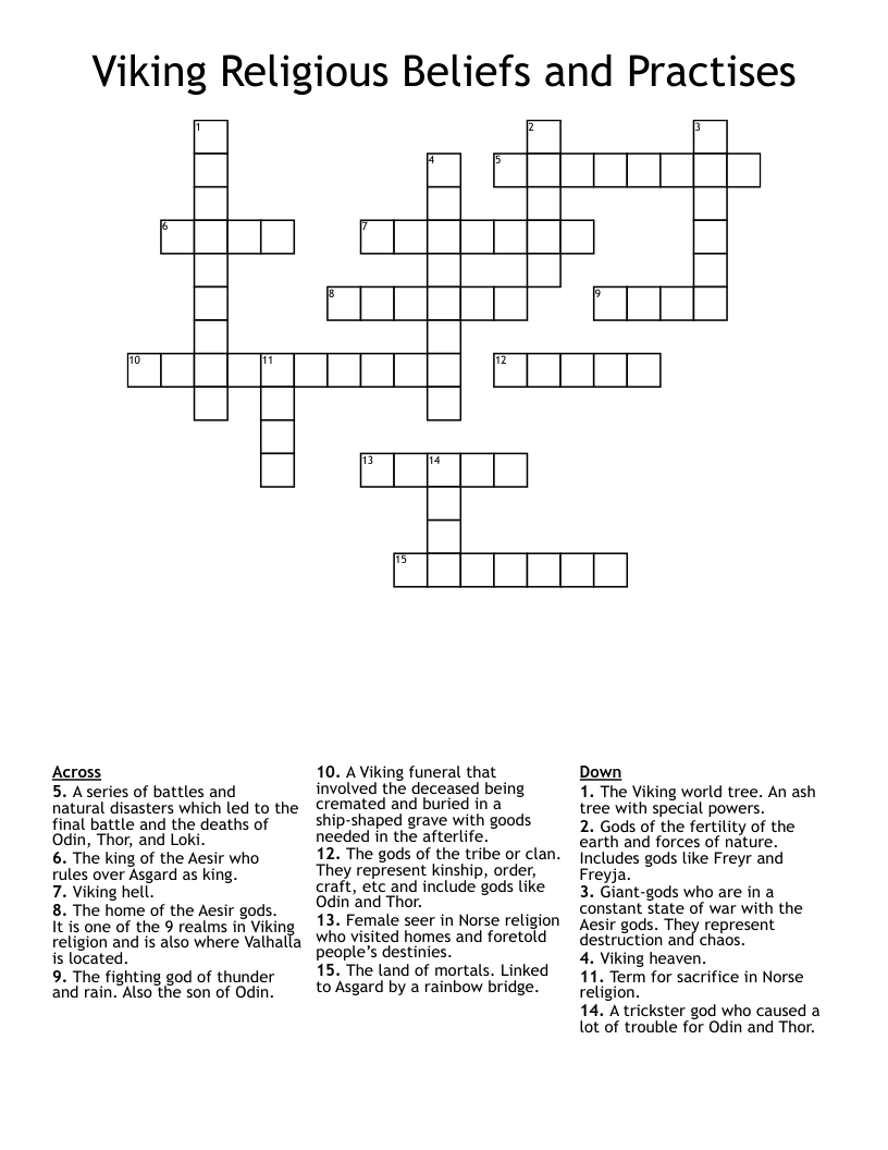 Viking Religious Beliefs and Practises Crossword