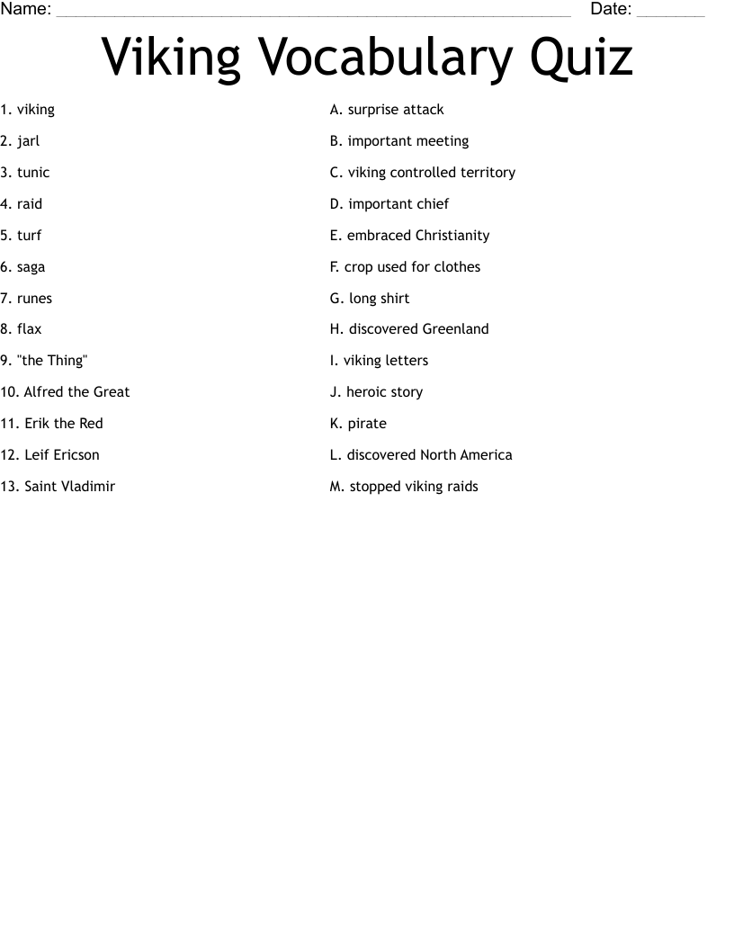 Viking Vocabulary Quiz Worksheet