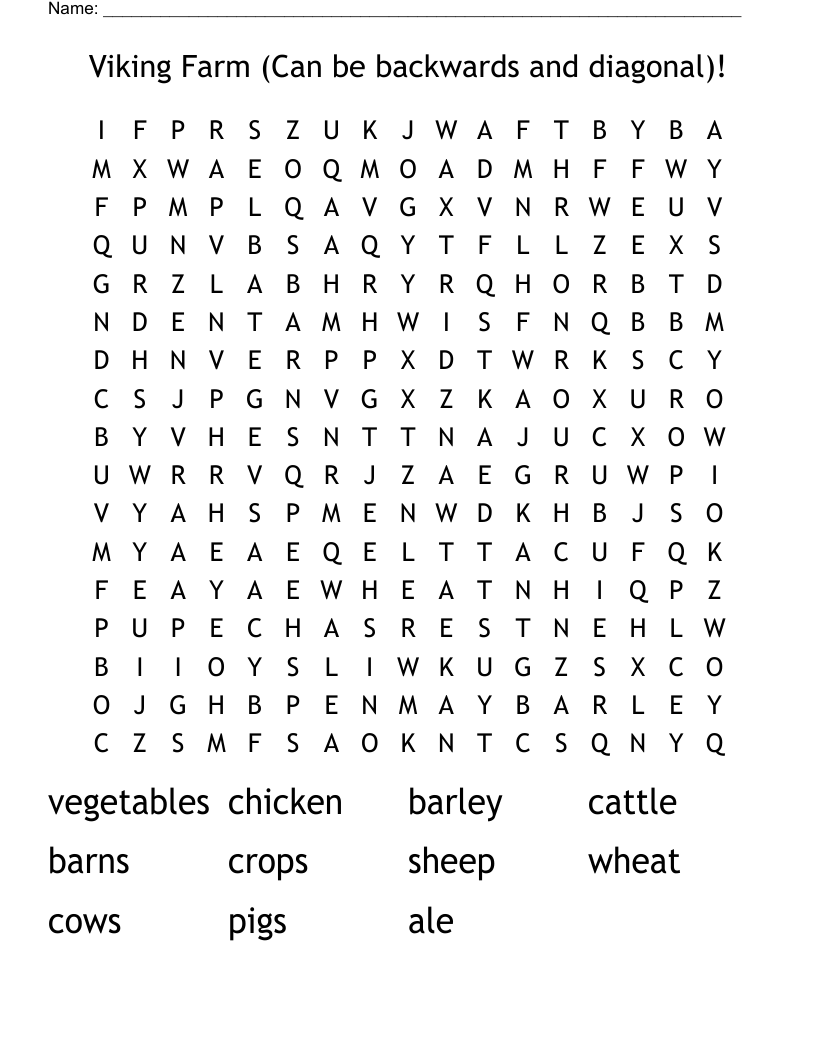 Viking  Farm (Can be backwards and diagonal)! Word Search