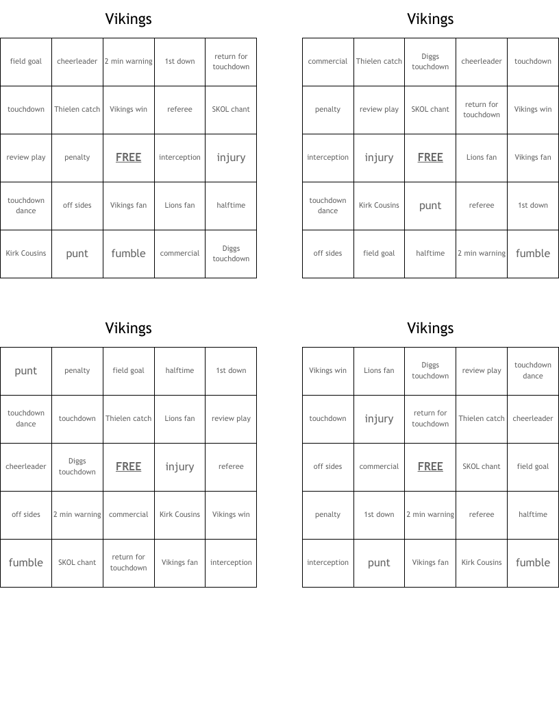 Vikings Bingo Cards