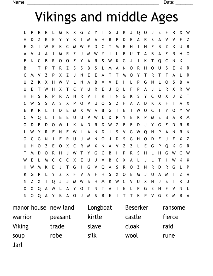 Vikings and middle Ages  Word Search
