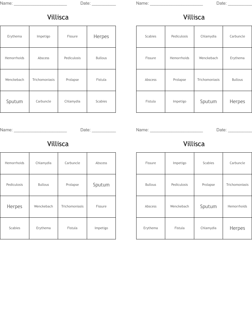 Villisca Bingo Cards