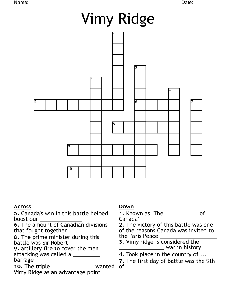 Vimy Ridge Crossword