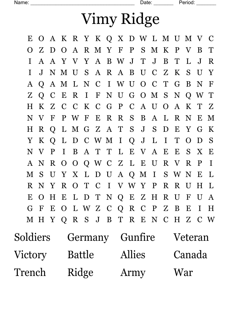 Vimy Ridge Word Search