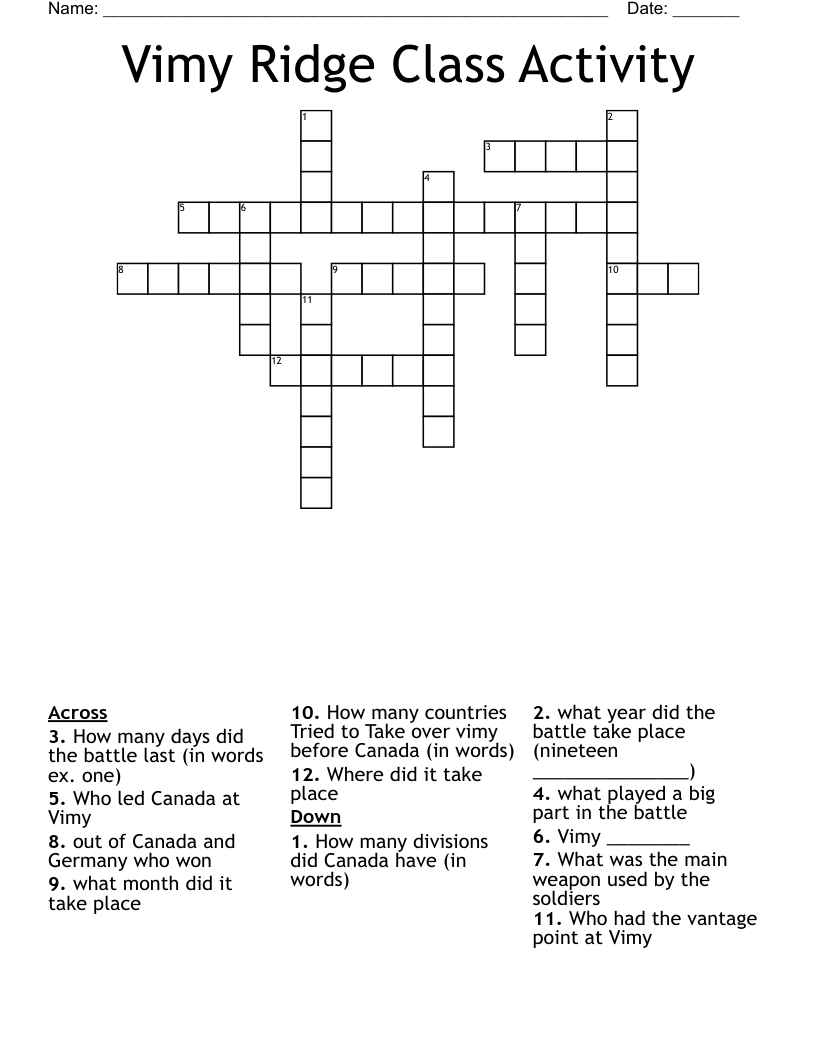 Vimy Ridge Class Activity Crossword
