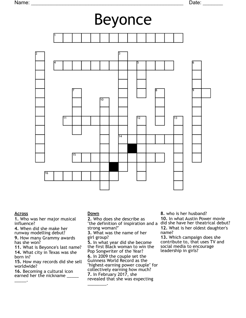 Beyonce Crossword