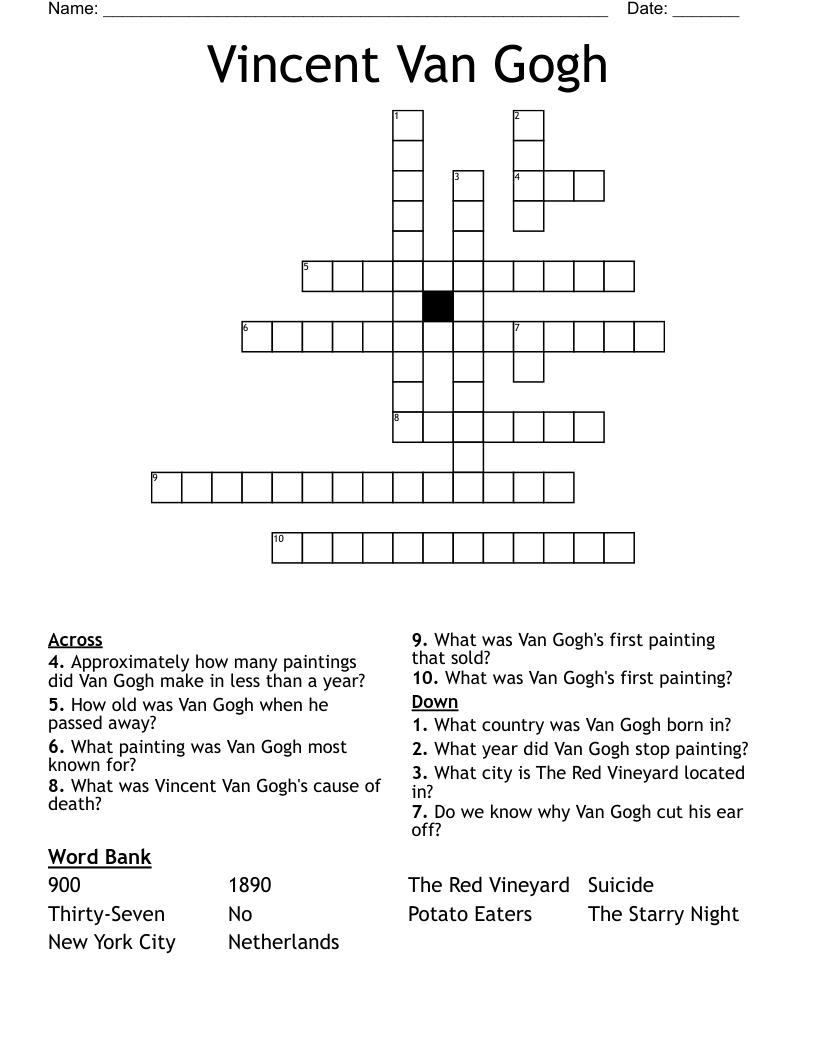 Vincent Van Gogh Crossword