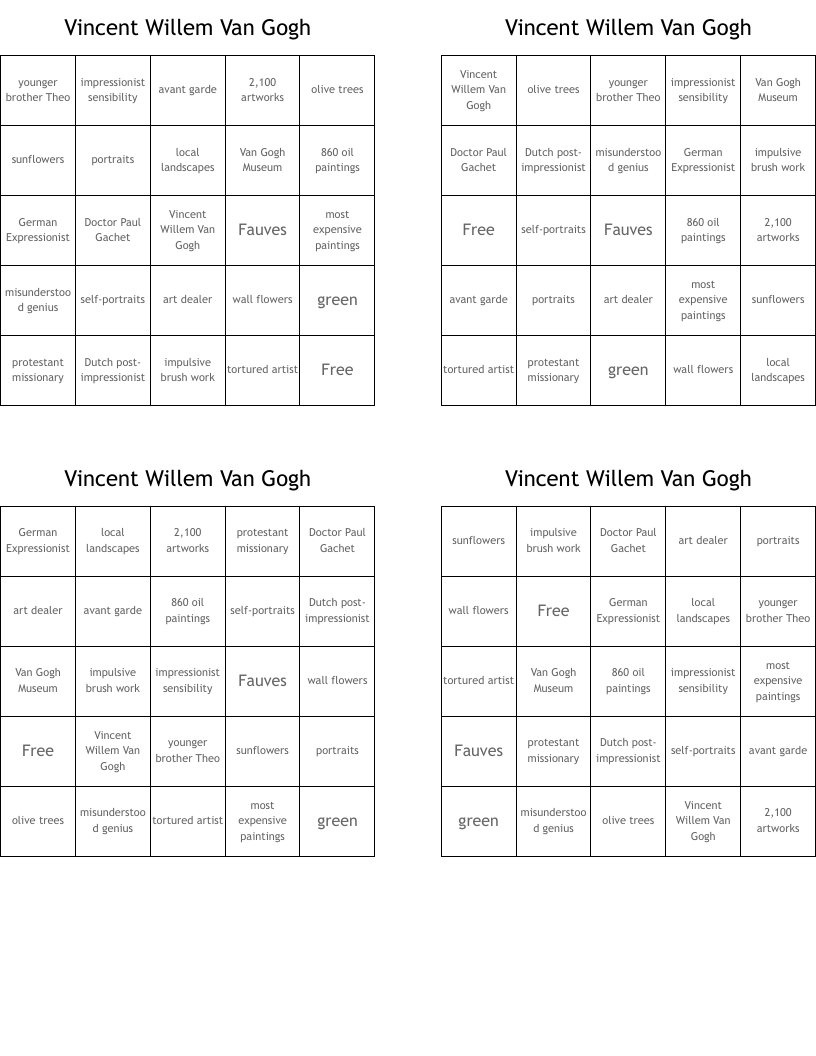 Vincent Willem Van Gogh Bingo Cards