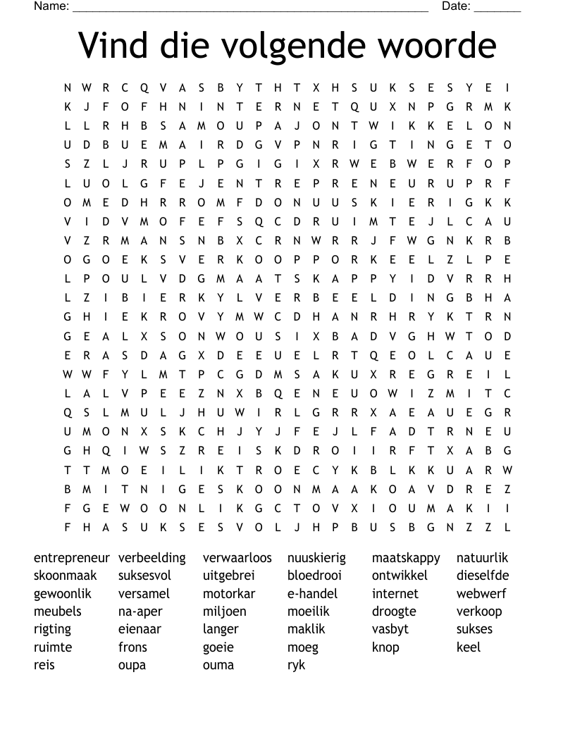 Vind die volgende woorde Word Search