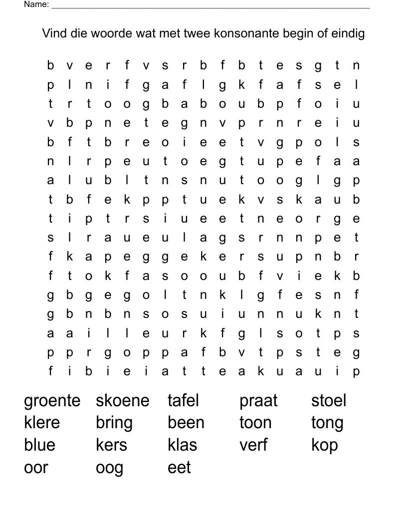 Vind die woorde wat met twee konsonante begin of eindig Word Search