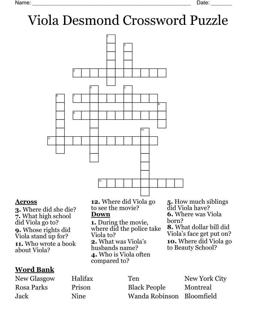Viola Desmond Crossword Puzzle 