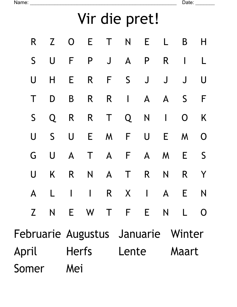 Vir die pret! Word Search