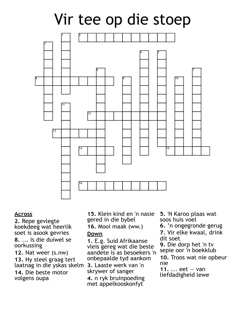 Vir tee op die stoep  Crossword