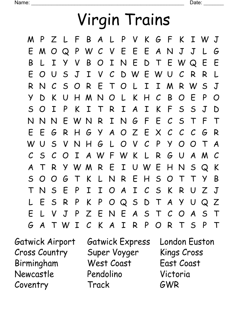 Virgin Trains Word Search