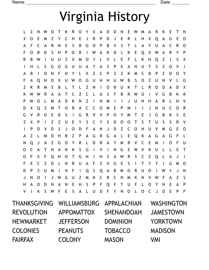 Virginia History  Word Search