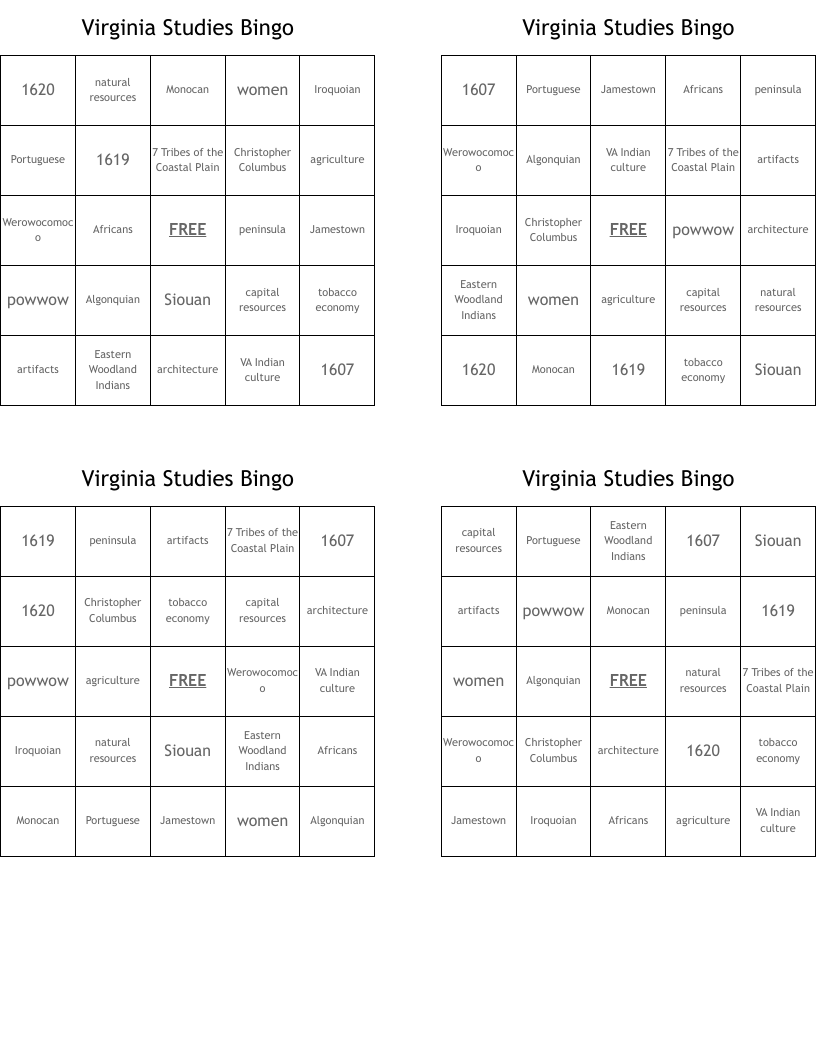 Virginia Studies Bingo