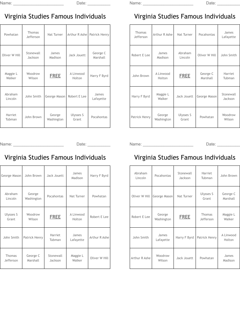 Virginia Studies Famous Individuals Bingo Cards