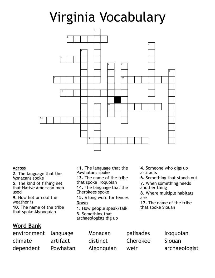 Virginia Vocabulary Crossword