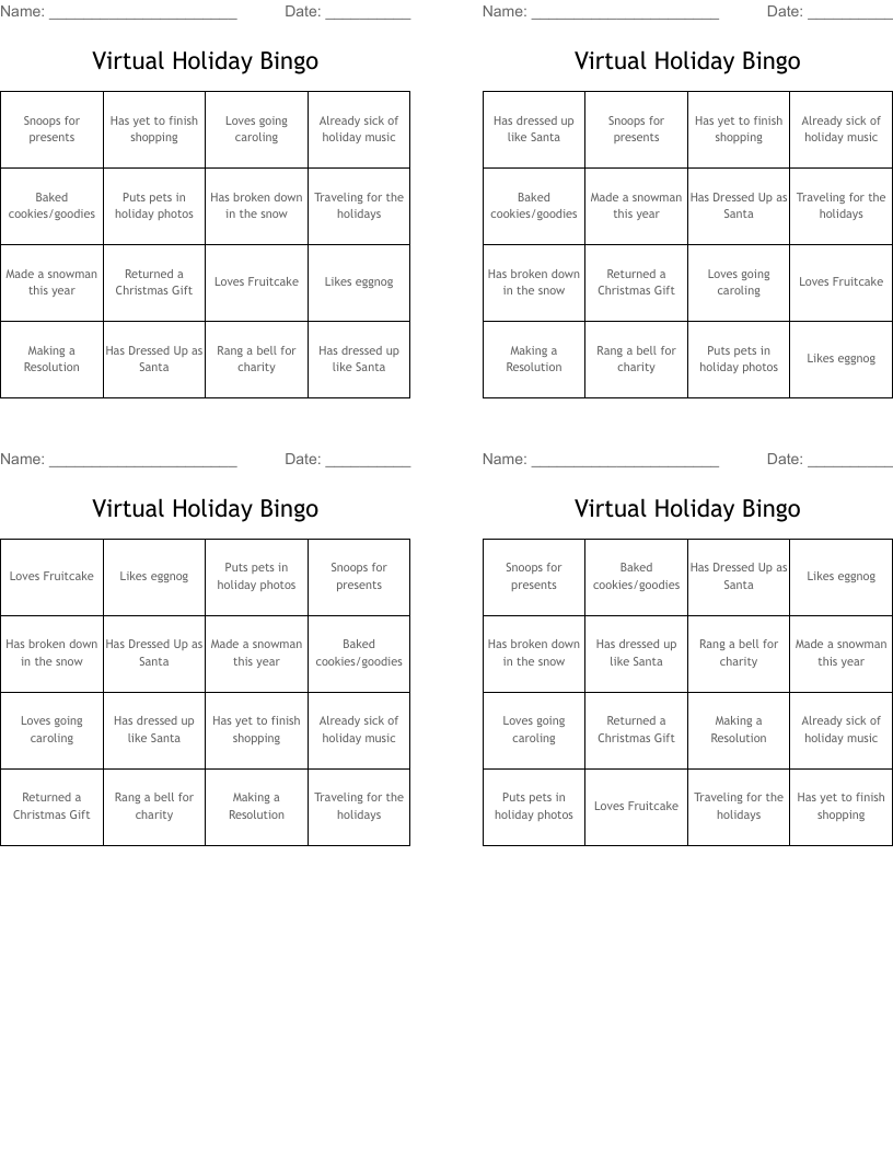 Virtual Holiday Bingo