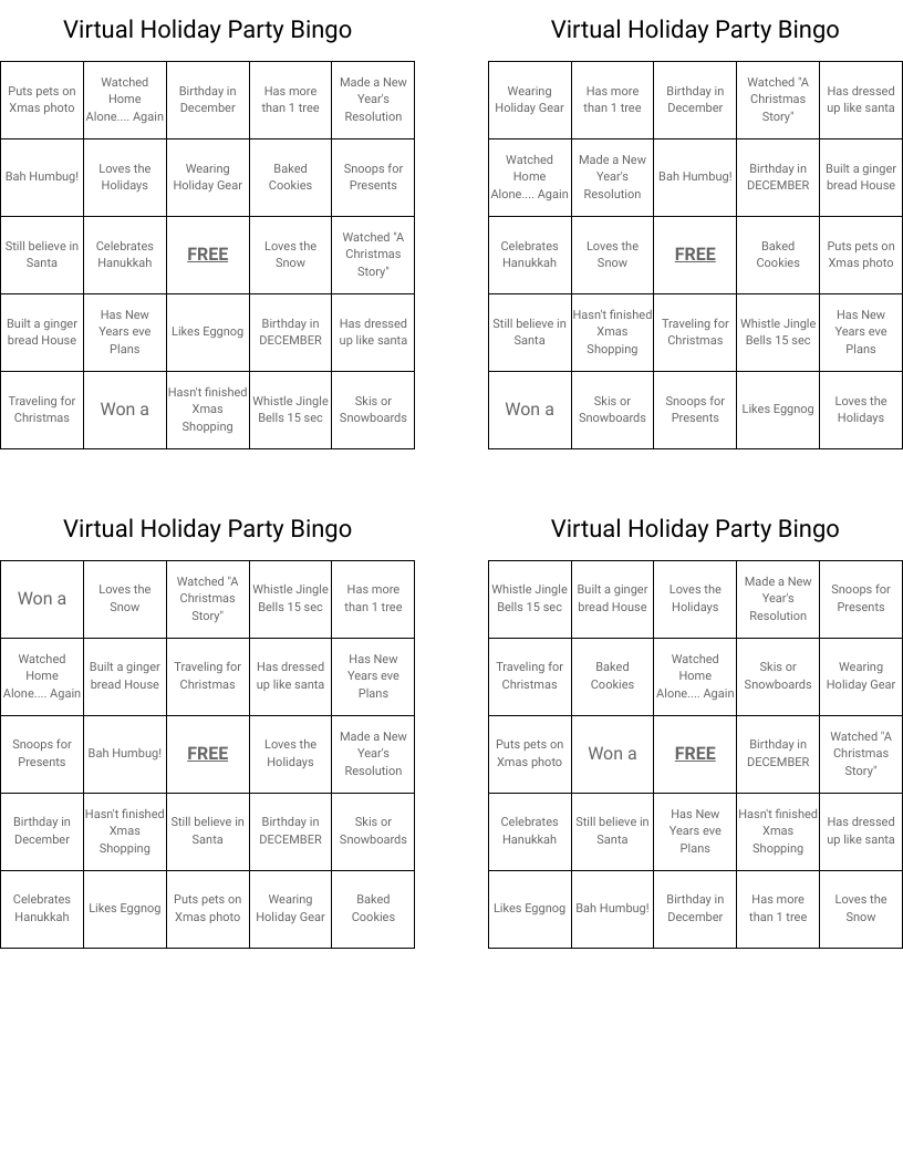 Virtual Holiday Party Bingo