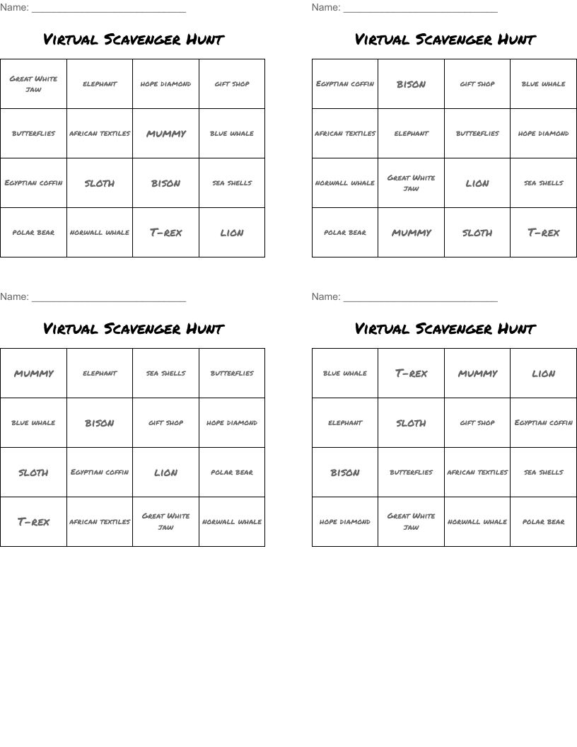 Virtual Scavenger Hunt Bingo Cards