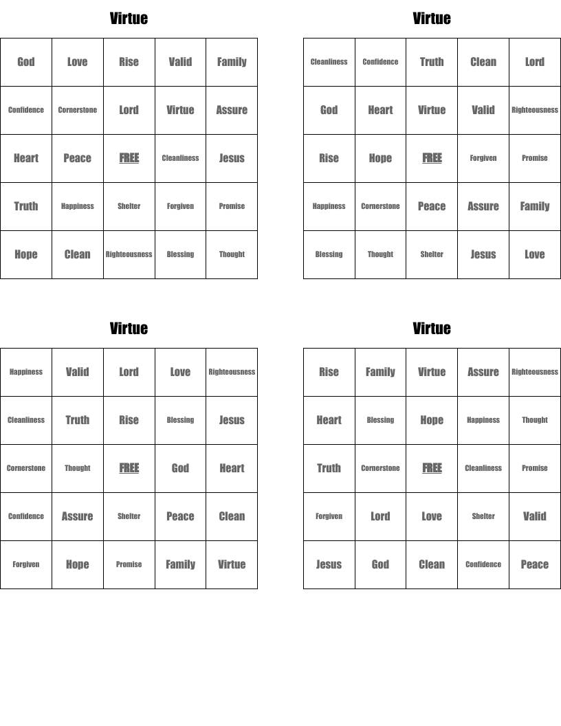 Virtue Bingo Cards