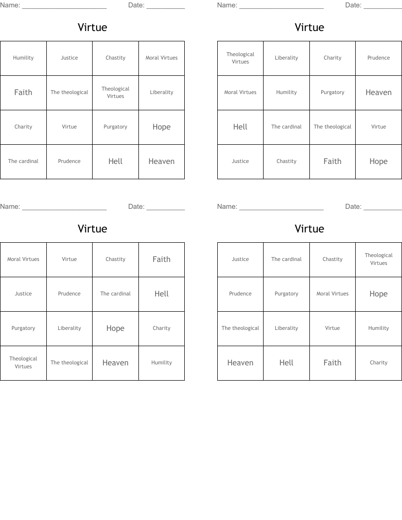 Virtue  Bingo Cards