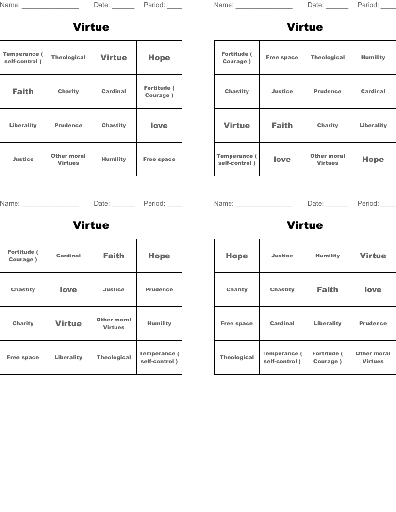 Virtue  Bingo Cards