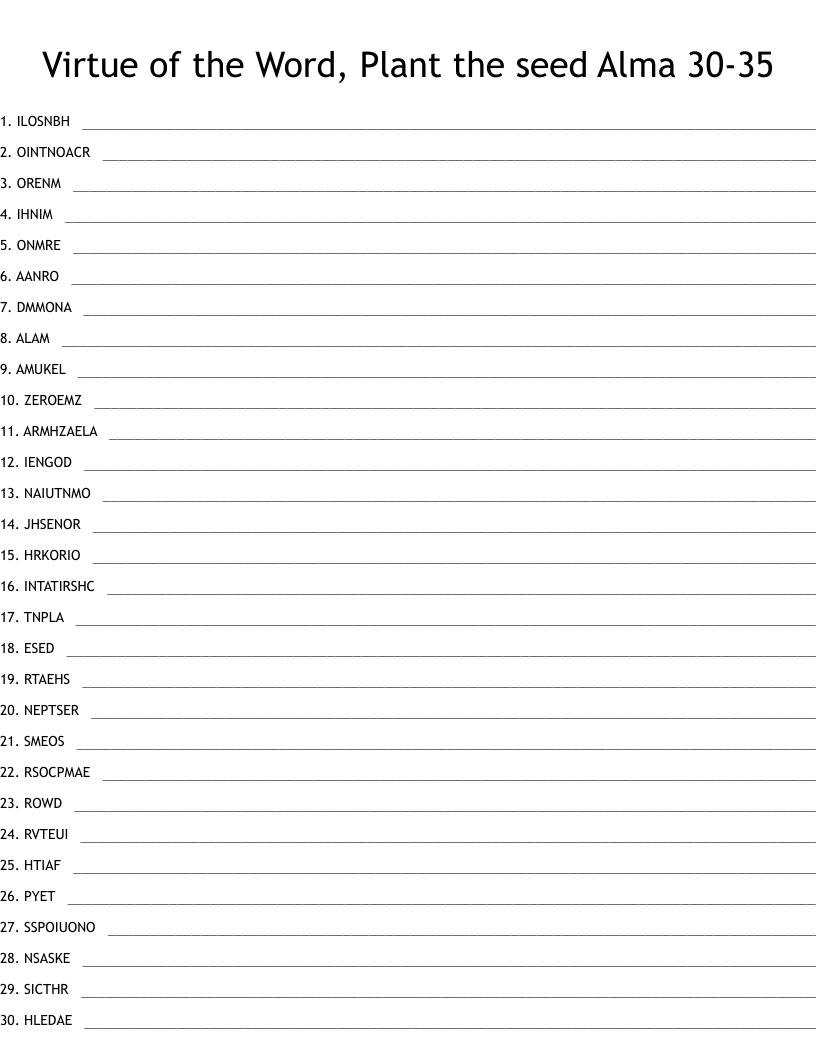 Virtue of the Word, Plant the seed Alma 30-35 Word Scramble