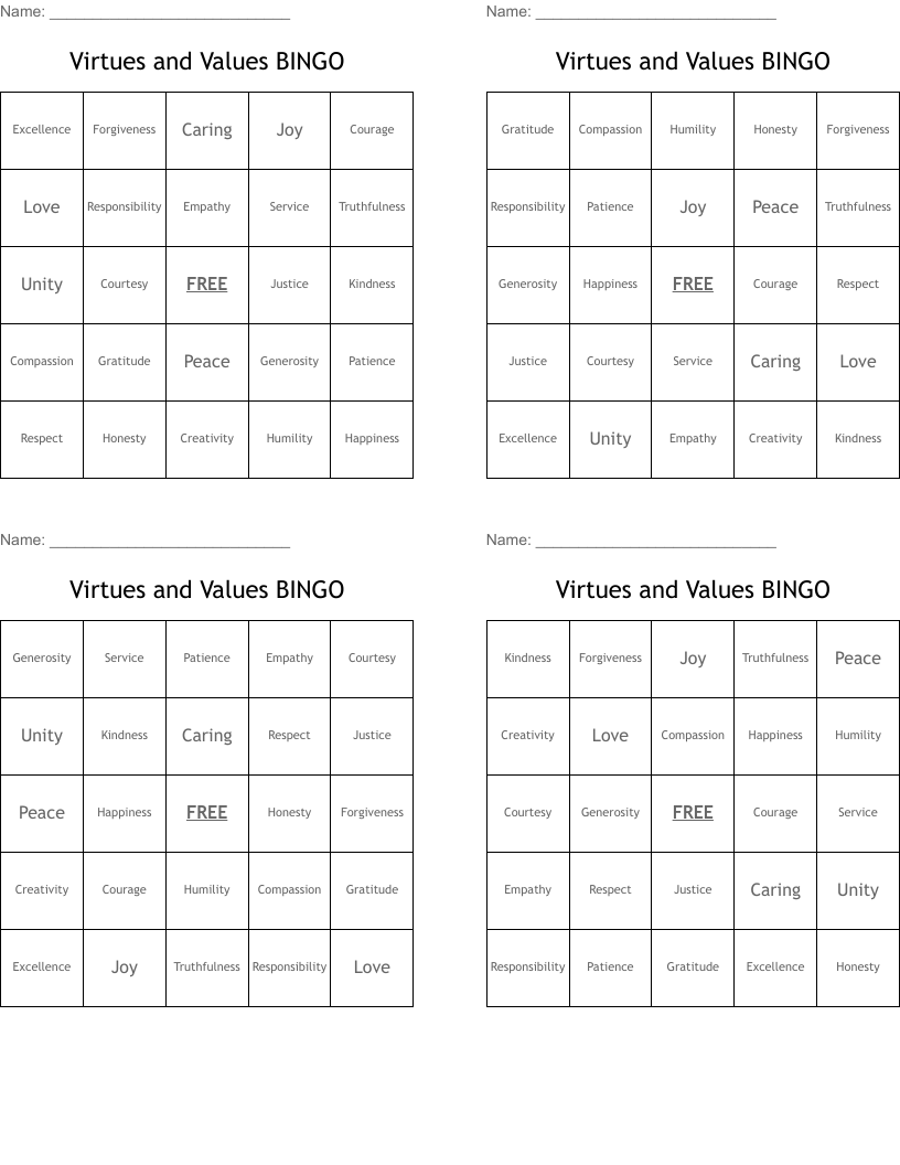 Virtues and Values BINGO