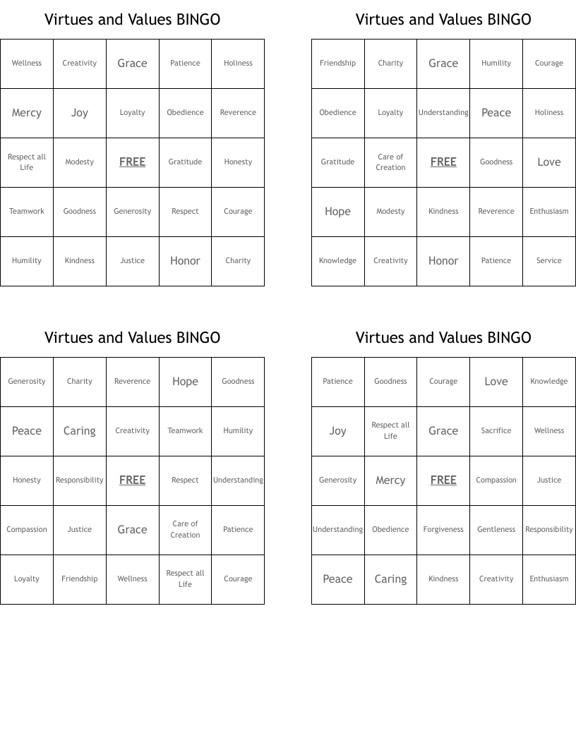 Virtues and Values BINGO