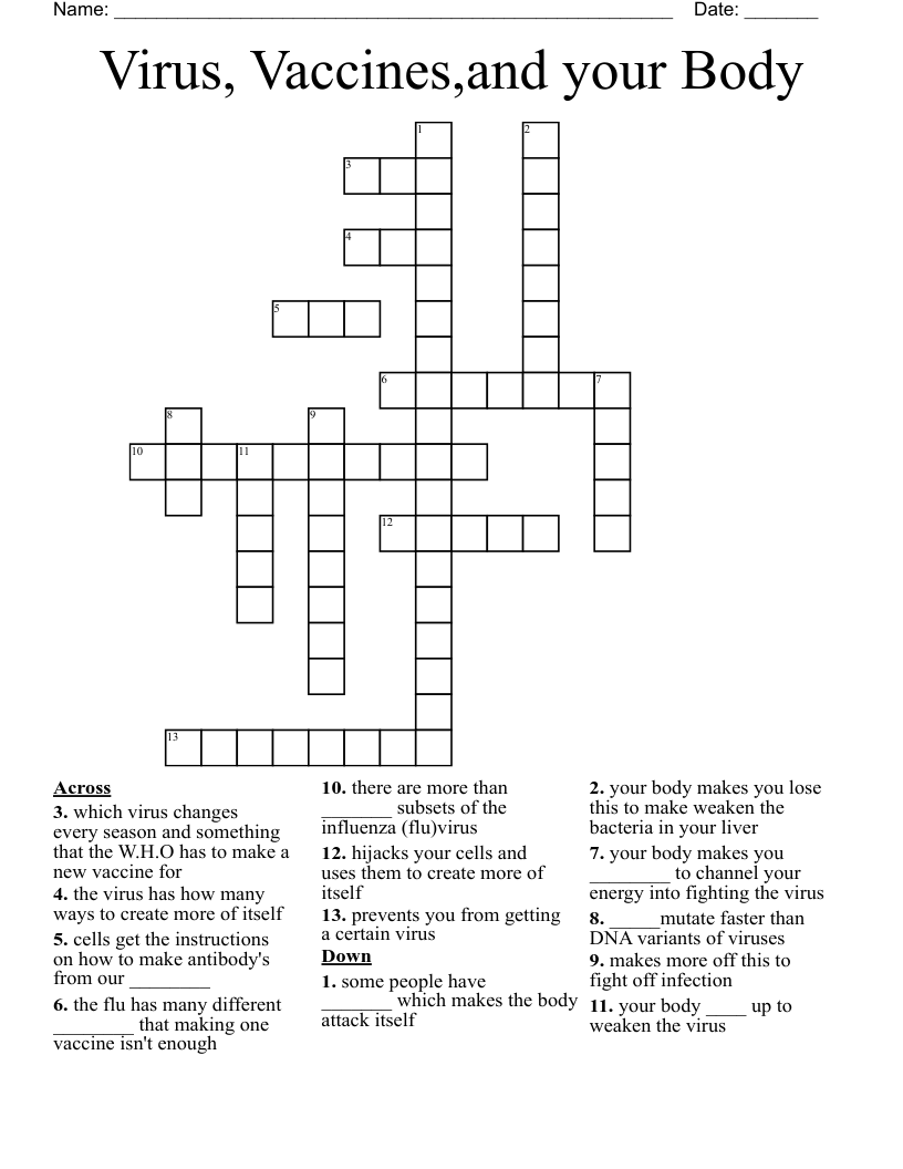 Virus, Vaccines,and your Body Crossword