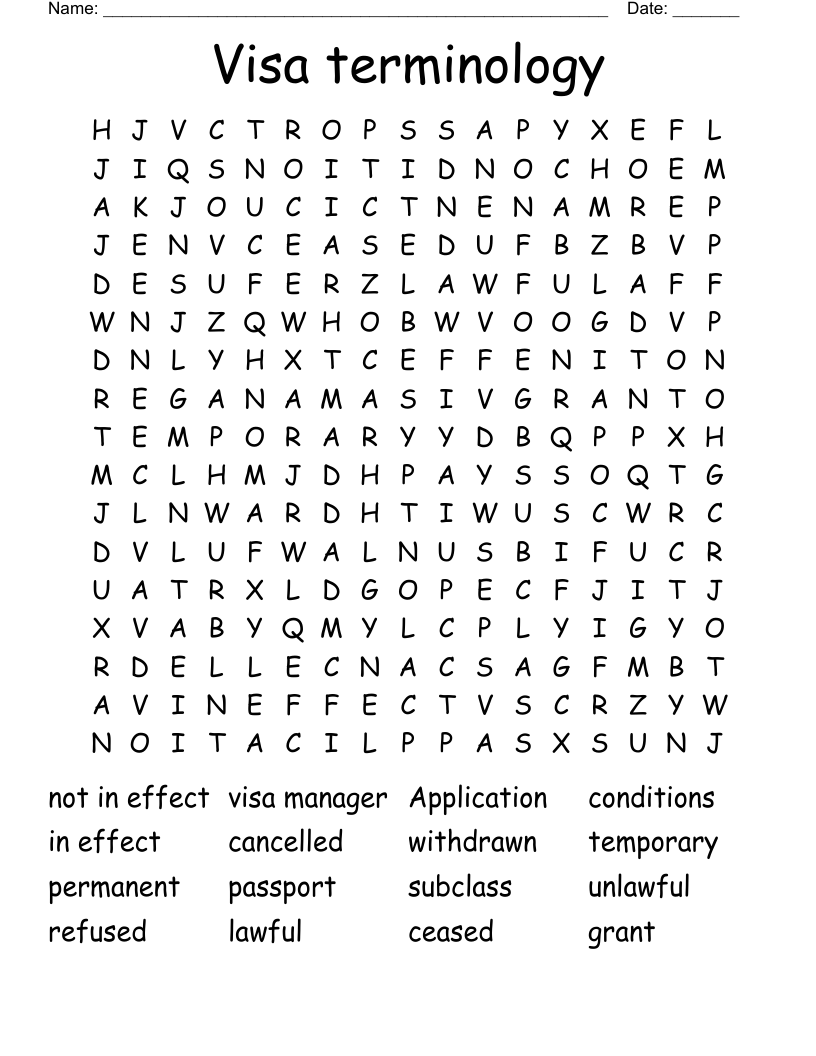 Visa terminology Word Search