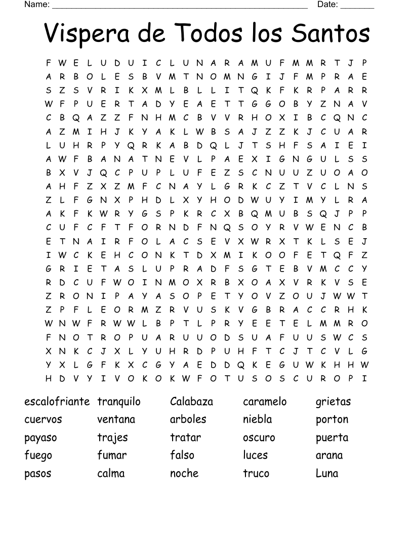 Vispera de Todos los Santos Word Search