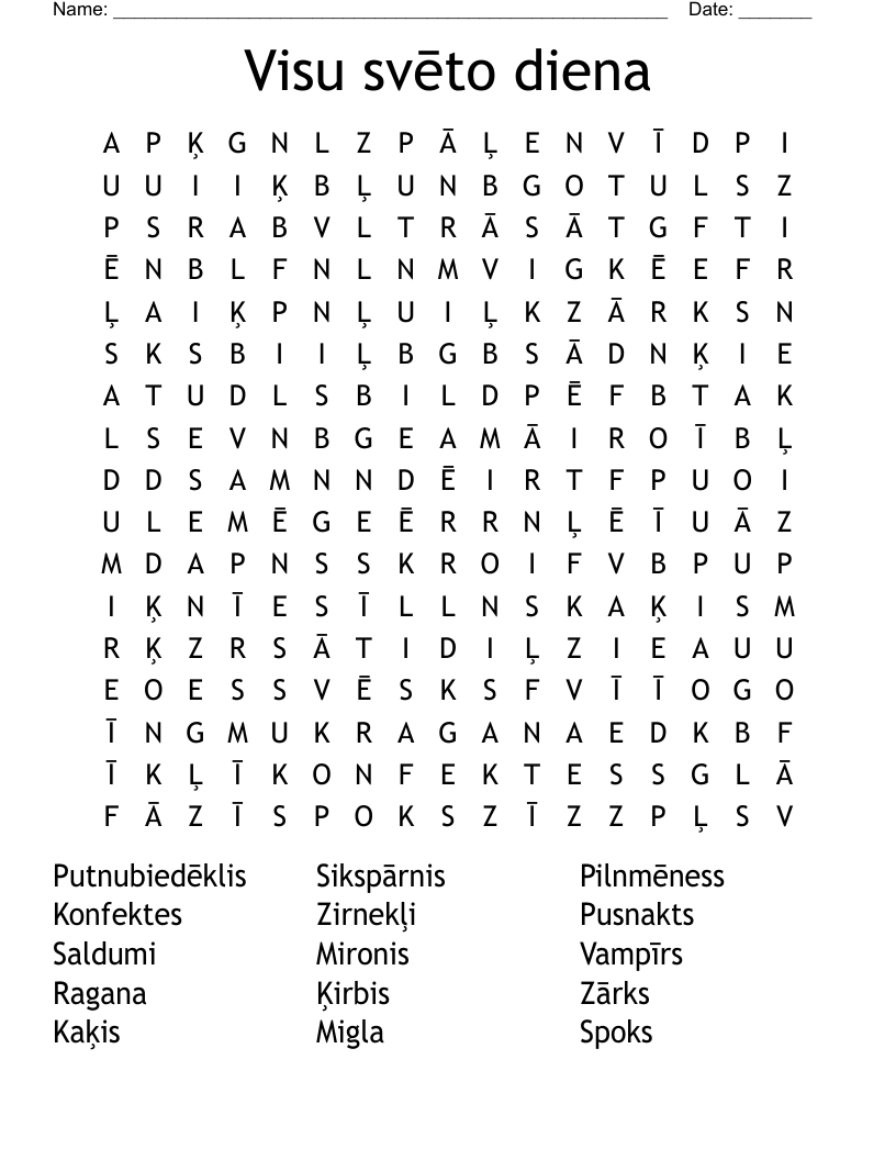 Visu svēto diena Word Search
