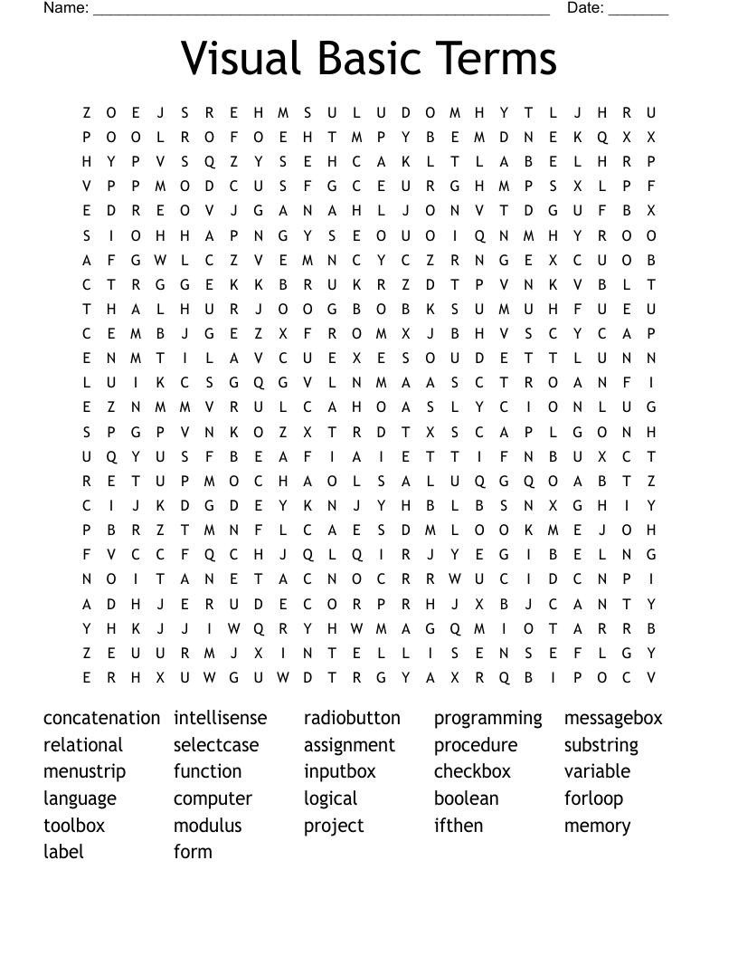 Visual Basic Terms Word Search