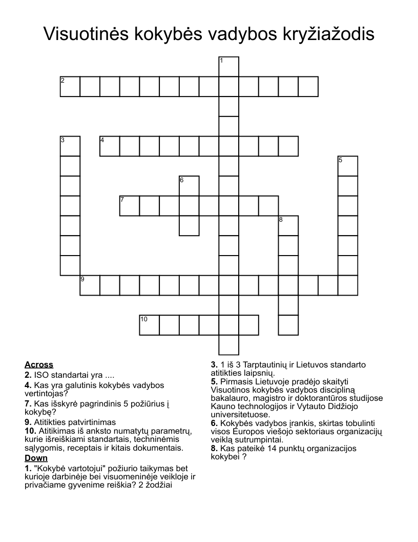Visuotinės kokybės vadybos kryžiažodis Crossword
