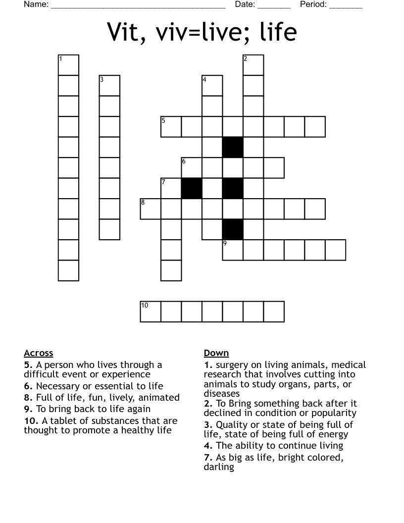 Vit, viv=live; life Crossword
