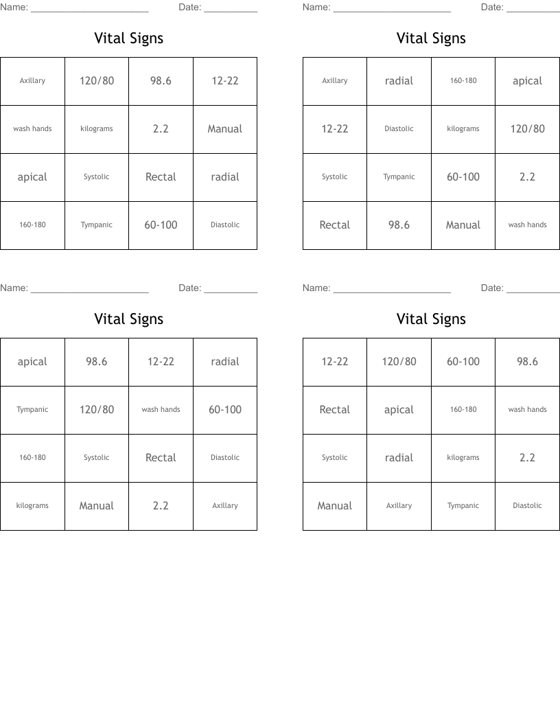 Vital Signs Bingo Cards